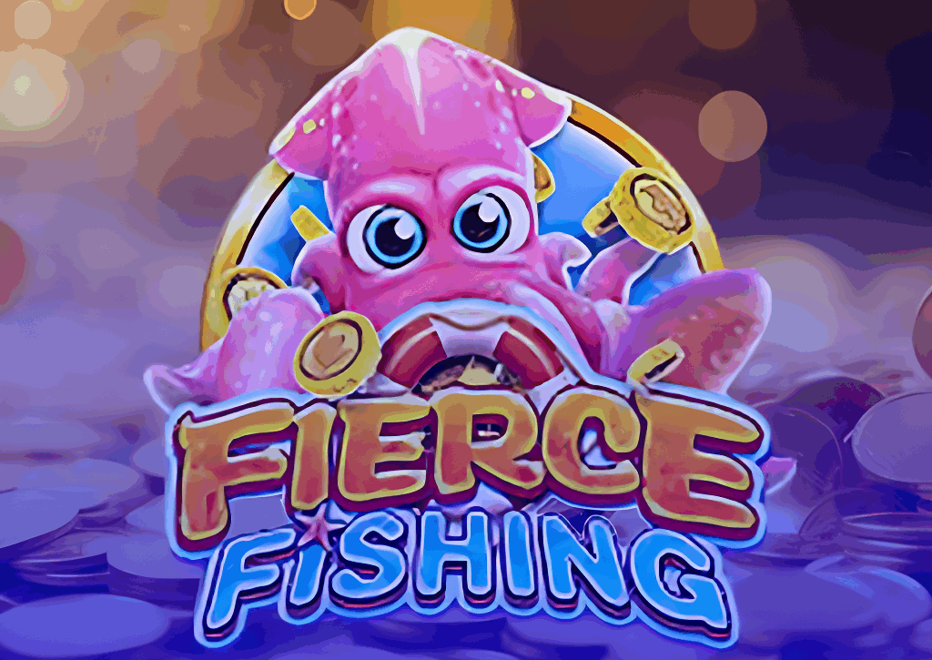 Arte do jogo de pescaria Fierce Fishing, apresentando uma lula rosa simpática segurando moedas de ouro em um cenário subaquático repleto de tesouros.