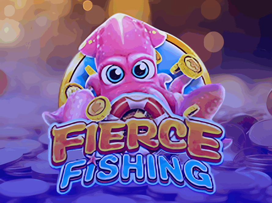 Arte do jogo de pescaria Fierce Fishing, apresentando uma lula rosa simpática segurando moedas de ouro em um cenário subaquático repleto de tesouros.