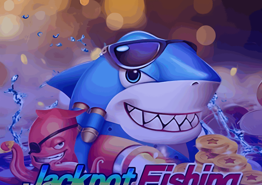 Ícone do jogo de cassino Jackpot Fishing. A imagem mostra um tubarão estiloso de óculos escuros e um polvo pirata, convidando para uma divertida pescaria em busca do grande jackpot.