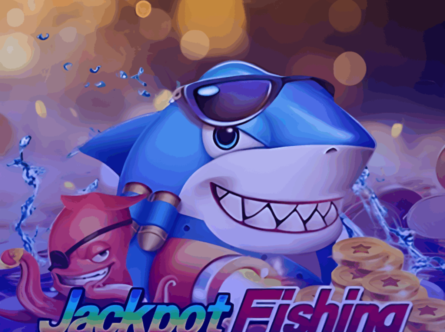 Ícone do jogo de cassino Jackpot Fishing. A imagem mostra um tubarão estiloso de óculos escuros e um polvo pirata, convidando para uma divertida pescaria em busca do grande jackpot.