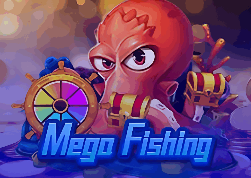 Ícone do jogo de pesca Mega Fishing, com um polvo vermelho ao lado de uma roleta de prêmios e um baú de tesouro, prometendo uma experiência com mega bônus e recompensas.