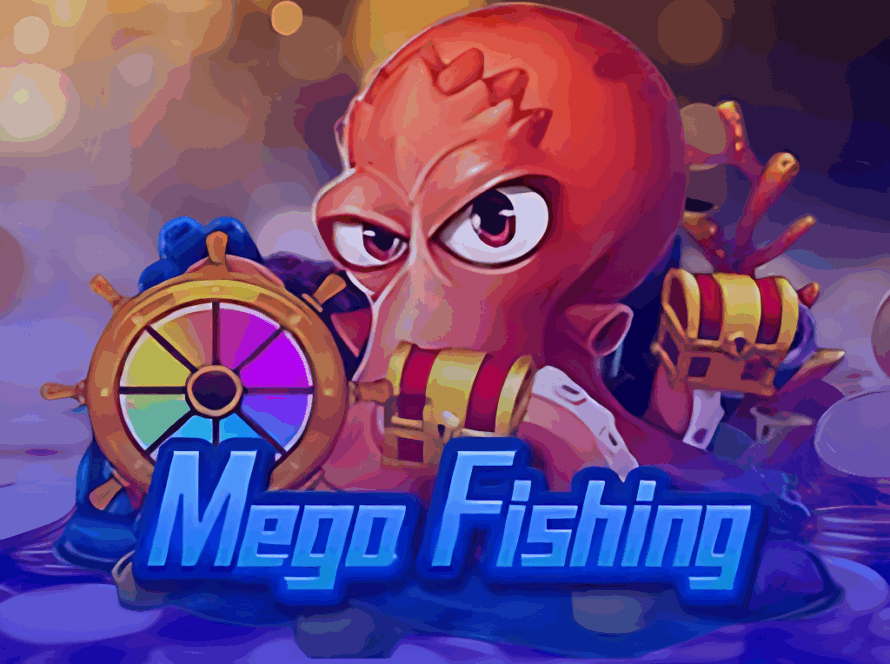 Ícone do jogo de pesca Mega Fishing, com um polvo vermelho ao lado de uma roleta de prêmios e um baú de tesouro, prometendo uma experiência com mega bônus e recompensas.