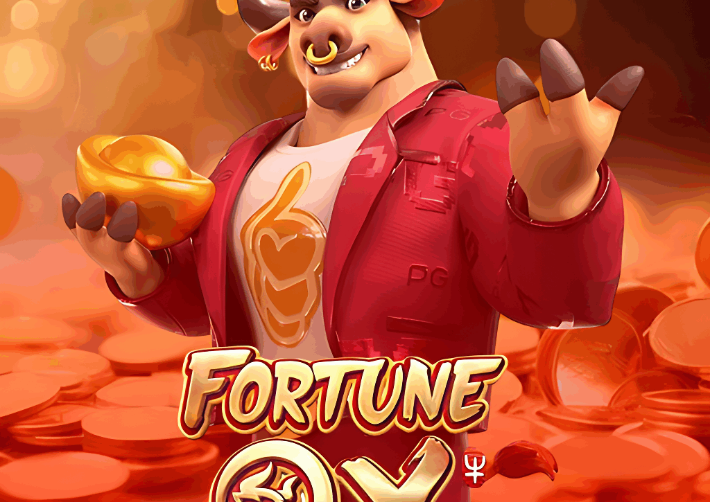 Ícone do popular jogo de slot Fortune Ox, mostrando o personagem principal, um touro musculoso e estiloso de terno vermelho, segurando moedas de ouro para representar a temática de riqueza do slot.