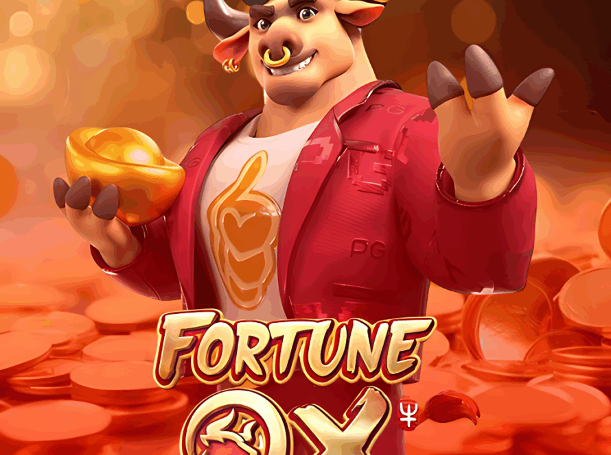 Ícone do popular jogo de slot Fortune Ox, mostrando o personagem principal, um touro musculoso e estiloso de terno vermelho, segurando moedas de ouro para representar a temática de riqueza do slot.