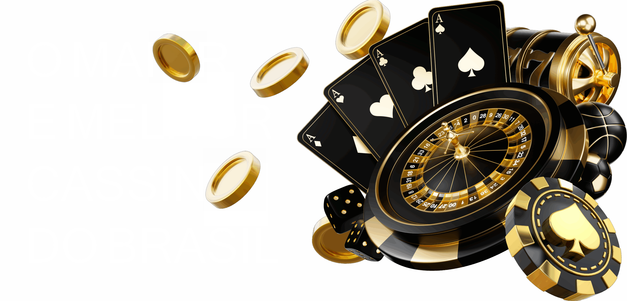 Banner publicitário para cassino online no Brasil, exibindo uma composição dinâmica com uma roleta preta e dourada, cartas de ás, fichas de pôquer, dados e moedas de ouro. Sobreposto na imagem, o texto afirma: 'O maior e melhor cassino do Brasil'.