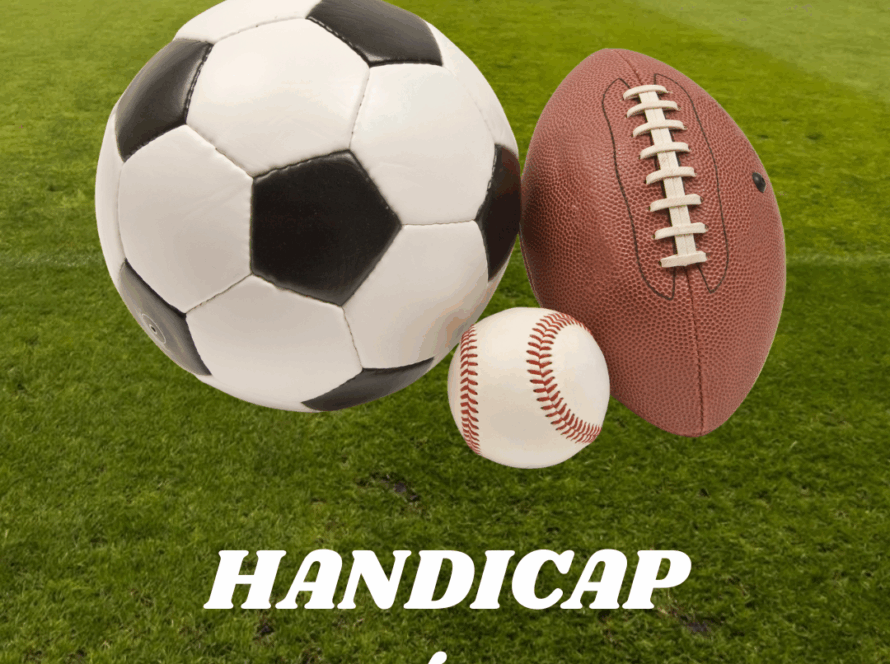 Imagem conceitual do mercado de Handicap Asiático, com bolas de futebol, futebol americano e beisebol em um gramado, representando a aplicação deste tipo de aposta em diversos esportes.
