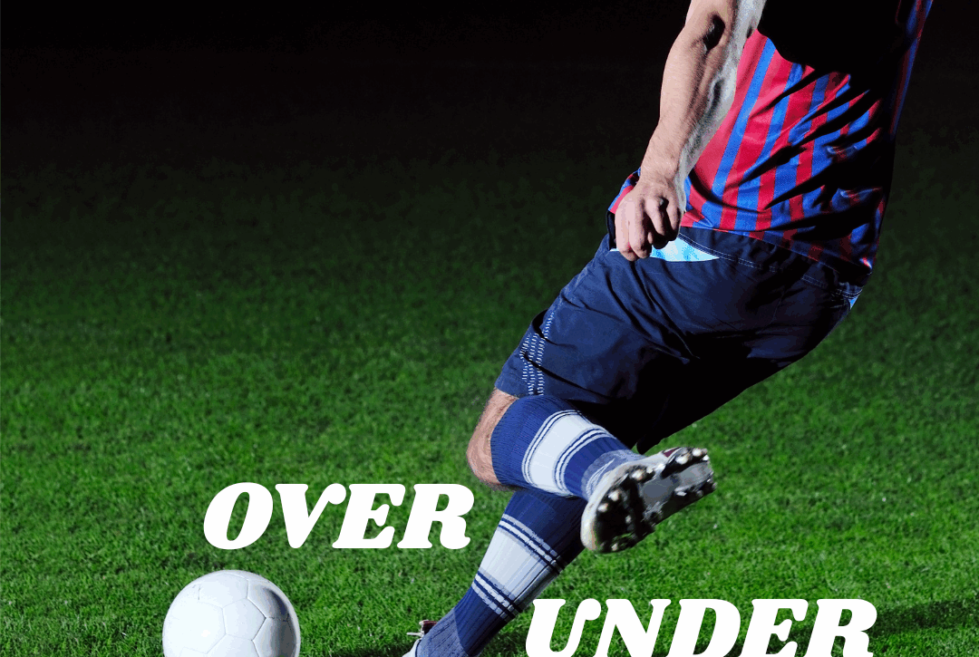 Ícone representando o mercado de apostas 'Over/Under' (Mais/Menos), com um jogador de futebol prestes a chutar a bola. A imagem ilustra as apostas baseadas no número total de gols em uma partida.