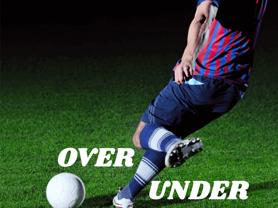Ícone representando o mercado de apostas 'Over/Under' (Mais/Menos), com um jogador de futebol prestes a chutar a bola. A imagem ilustra as apostas baseadas no número total de gols em uma partida.