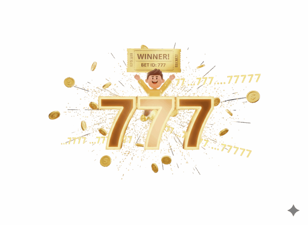 Personagem animado celebrando uma grande vitória, segurando um bilhete premiado com o número 777 em destaque e moedas douradas explodindo ao fundo.