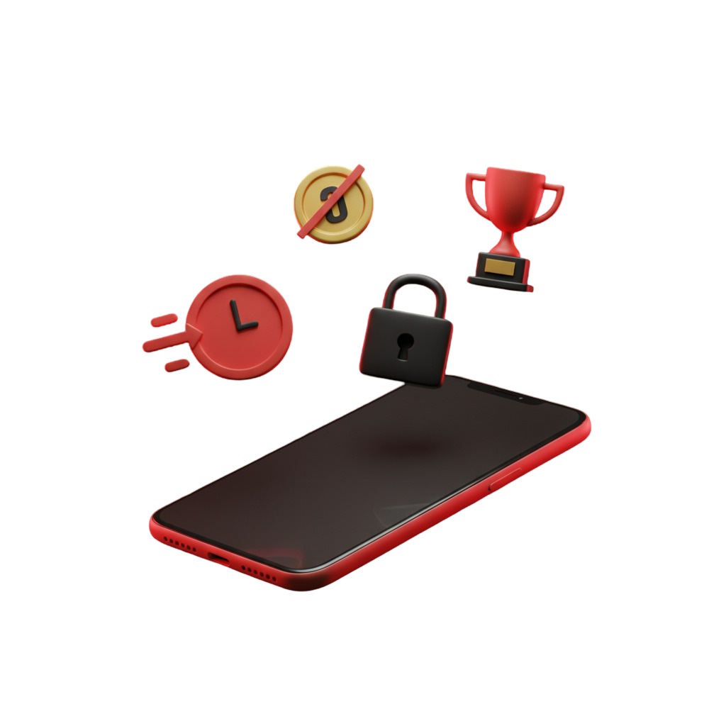 Smartphone com um cadeado sobre a tela, rodeado por ícones de relógio, troféu e moeda, ilustrando o passo a passo para um saque seguro e rápido dos ganhos na Royal VIP.