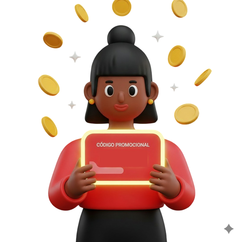 Ilustração de uma mulher sorridente segurando um cupom vermelho luminoso onde se lê'Código Promocional', com moedas douradas flutuando ao seu redor.