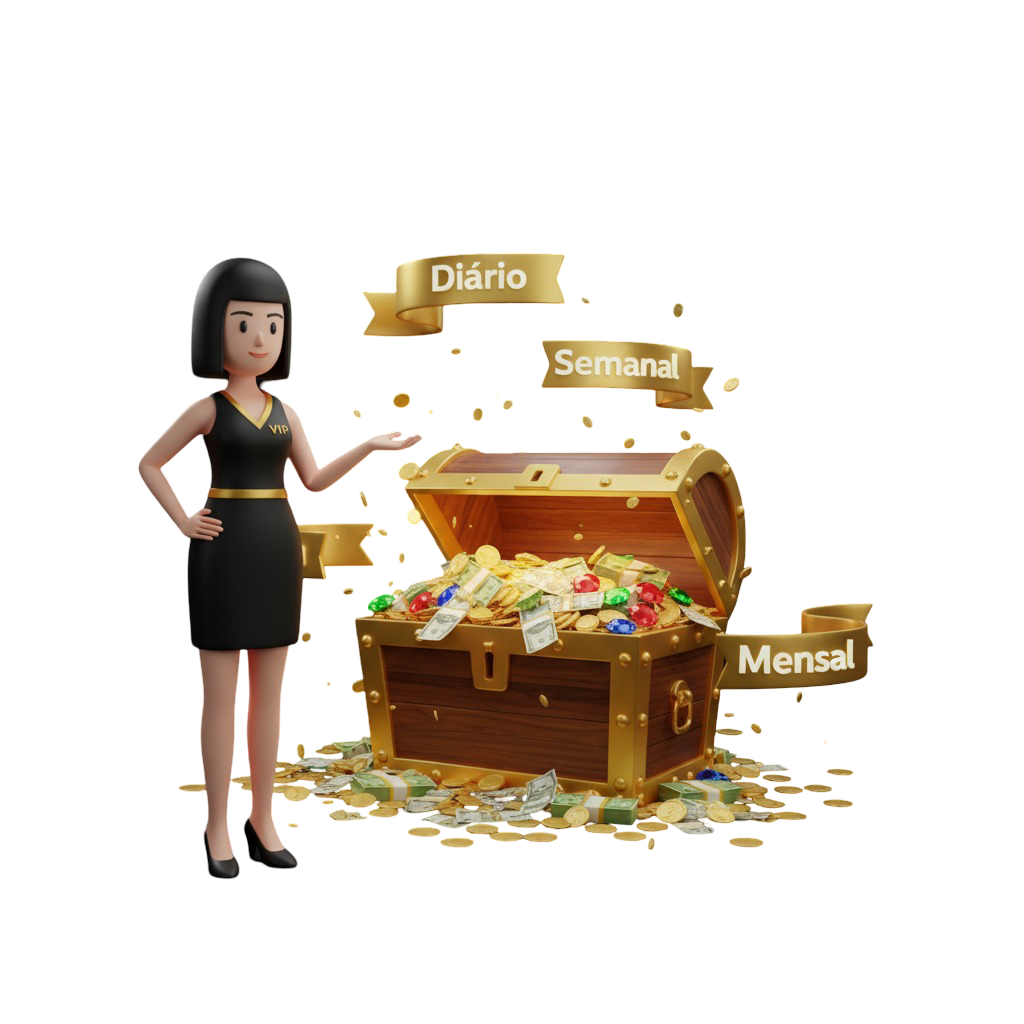 Personagem feminina com a sigla VIP em seu vestido apresentando um baú do tesouro cheio de prêmios, com faixas douradas indicando benefícios diários, semanais e mensais.