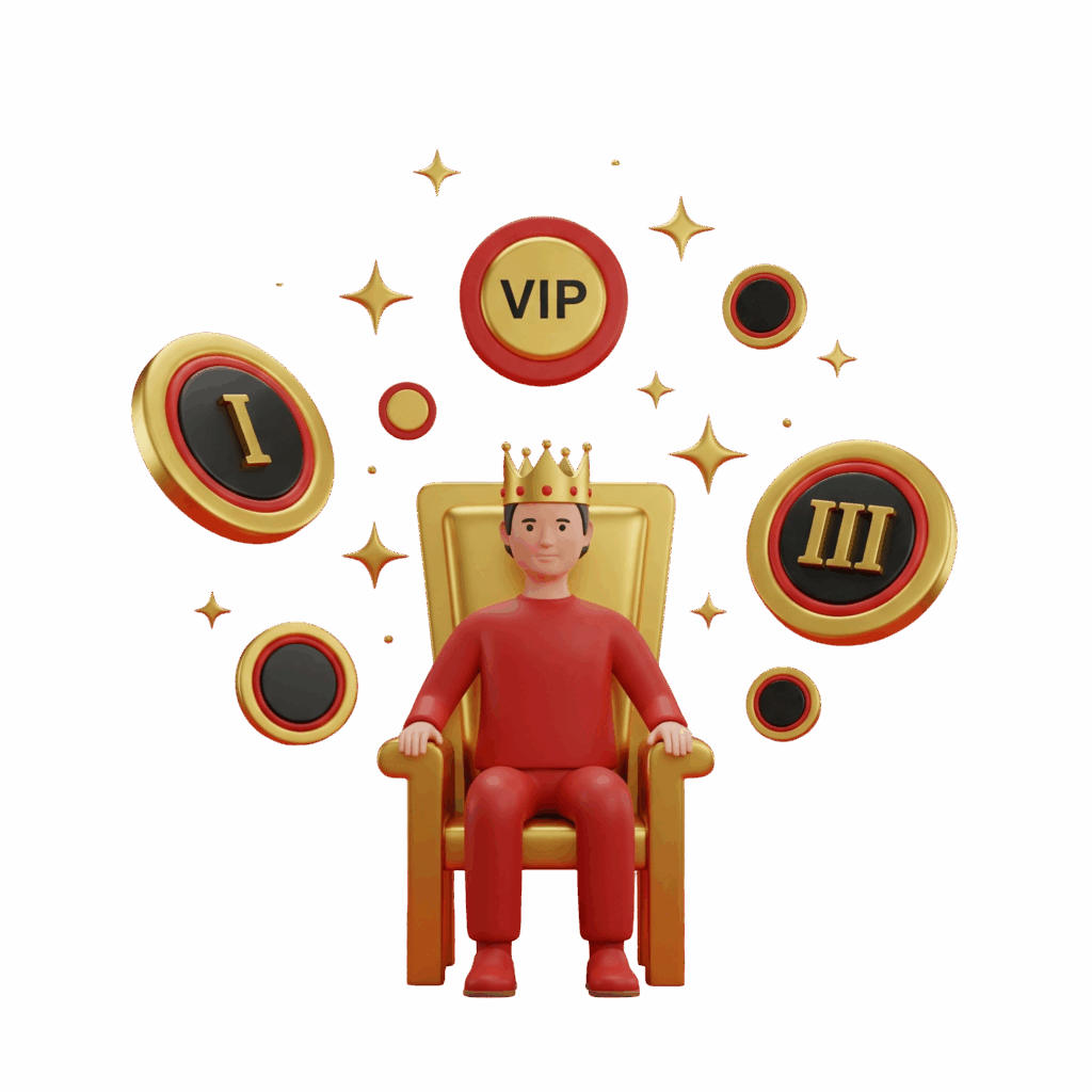 Personagem de rei com uma coroa dourada sentado em um trono, cercado por emblemas VIP e de níveis, representando os benefícios exclusivos para os jogadores mais dedicados da Royal VIP.