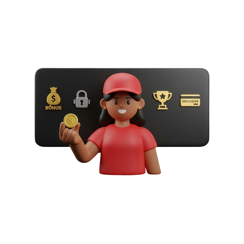 Personagem de animação 3D feminina apresentando os principais benefícios de ser VIP na Royal VIP, em frente a um painel com ícones de bônus em dinheiro, segurança, troféu e exclusividade.