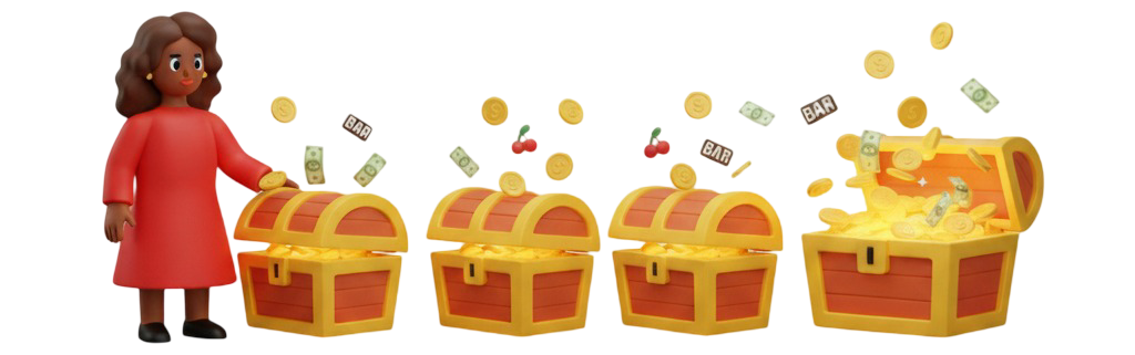 Ilustração de uma mulher ao lado de uma fileira de baús de tesouro, onde cada baú é progressivamente mais cheio que o anterior, simbolizando um sistema de bônus cumulativo por depósito.