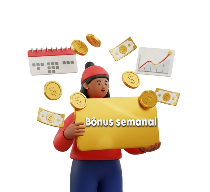 Ilustração de uma mulher segurando uma placa dourada com o texto'Bônus semanal', rodeada por ícones de dinheiro, moedas e um calendário para representar as recompensas semanais.
