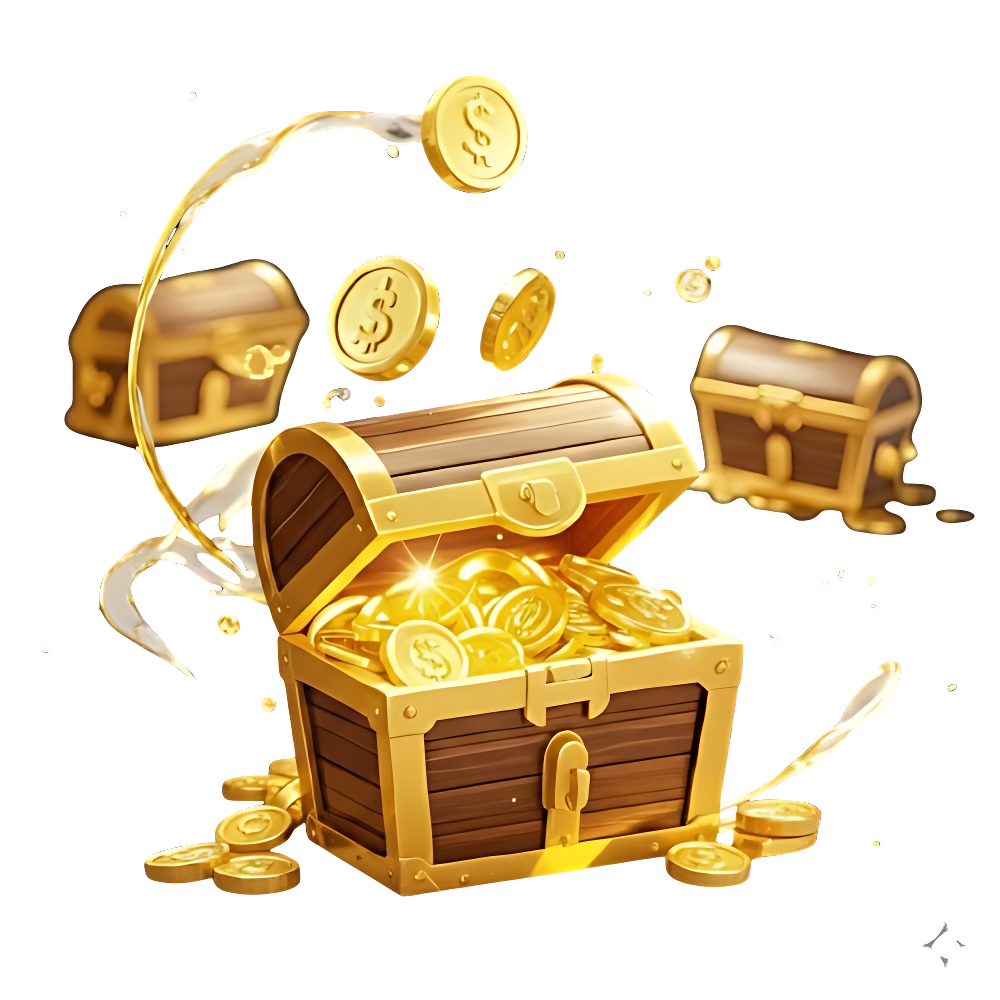 Um baú do tesouro de madeira aberto e transbordando de moedas de ouro brilhantes, representando a recompensa da caixa surpresa diária em um jogo de cassino online.