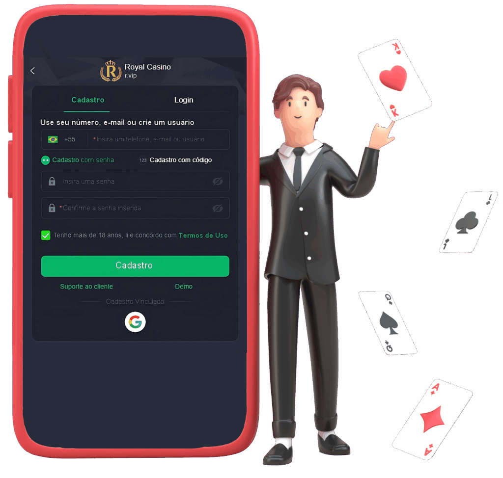 Homem de terno ao lado de um smartphone gigante que exibe a tela de cadastro de um cassino online, mostrando os campos para criar uma nova conta de usuário.