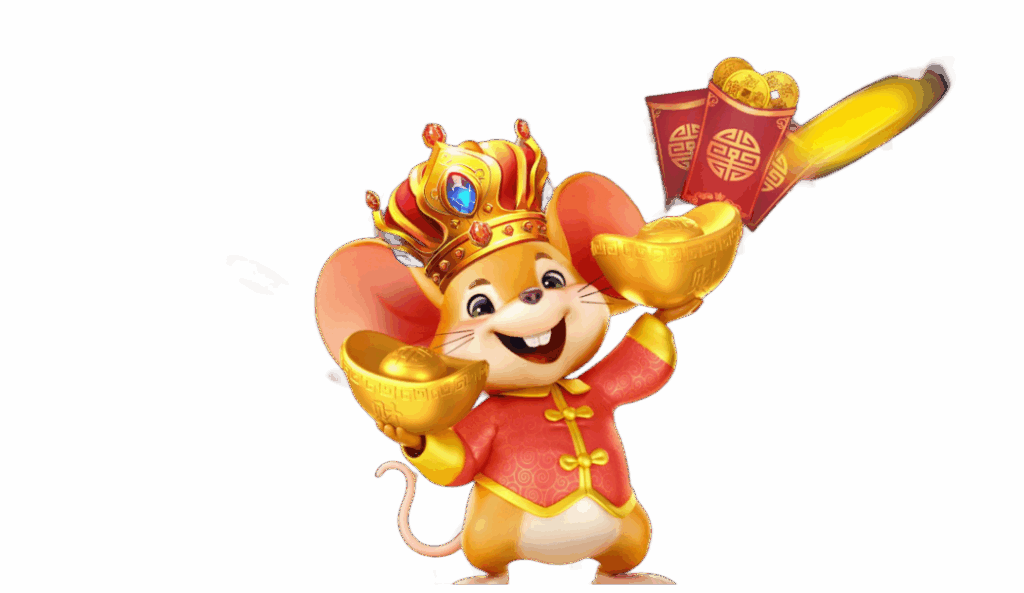 Mascote do jogo Fortune Mouse usando uma coroa, sorrindo e segurando dois lingotes de ouro para o alto, ilustrando a conclusão de que o melhor horário para jogar é aquele que traz mais diversão para o jogador.