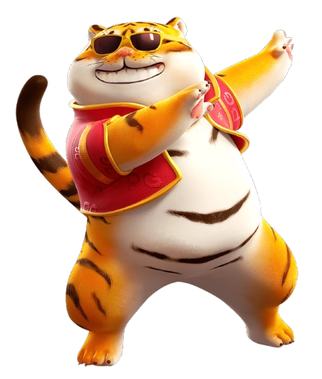 Mascote do Fortune Tiger de corpo inteiro, um tigre de óculos escuros e colete vermelho fazendo uma pose de dança comemorativa, ilustrando a conclusão de que a diversão é o mais importante no jogo.