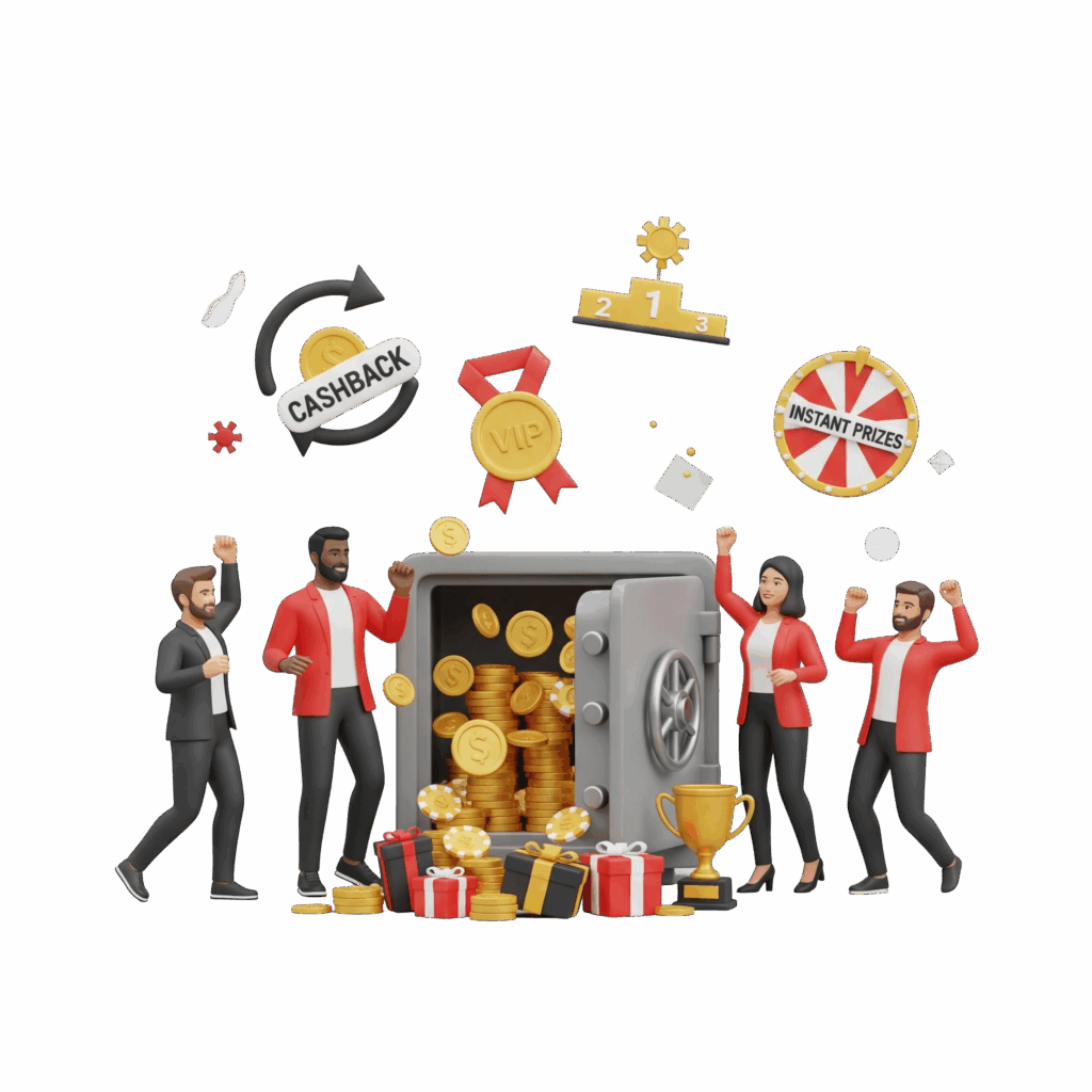 Grupo de cinco pessoas felizes comemorando em frente a um cofre aberto e transbordando de moedas de ouro e troféus, simbolizando a mina de oportunidades de bônus da Royal VIP.