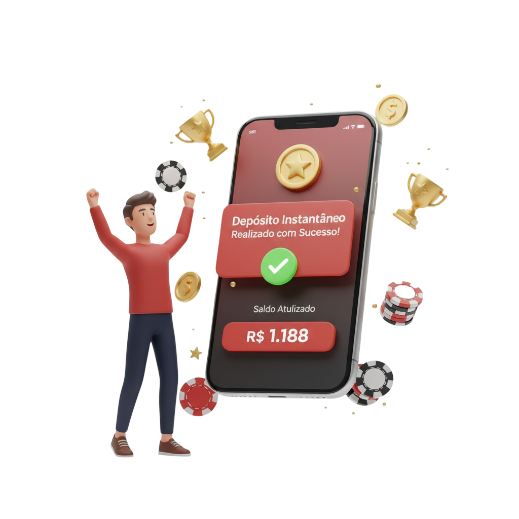 Homem feliz comemorando ao lado de um celular gigante que mostra a mensagem'Depósito Instantâneo Realizado com Sucesso!' e o saldo de bônus na plataforma Royal VIP.