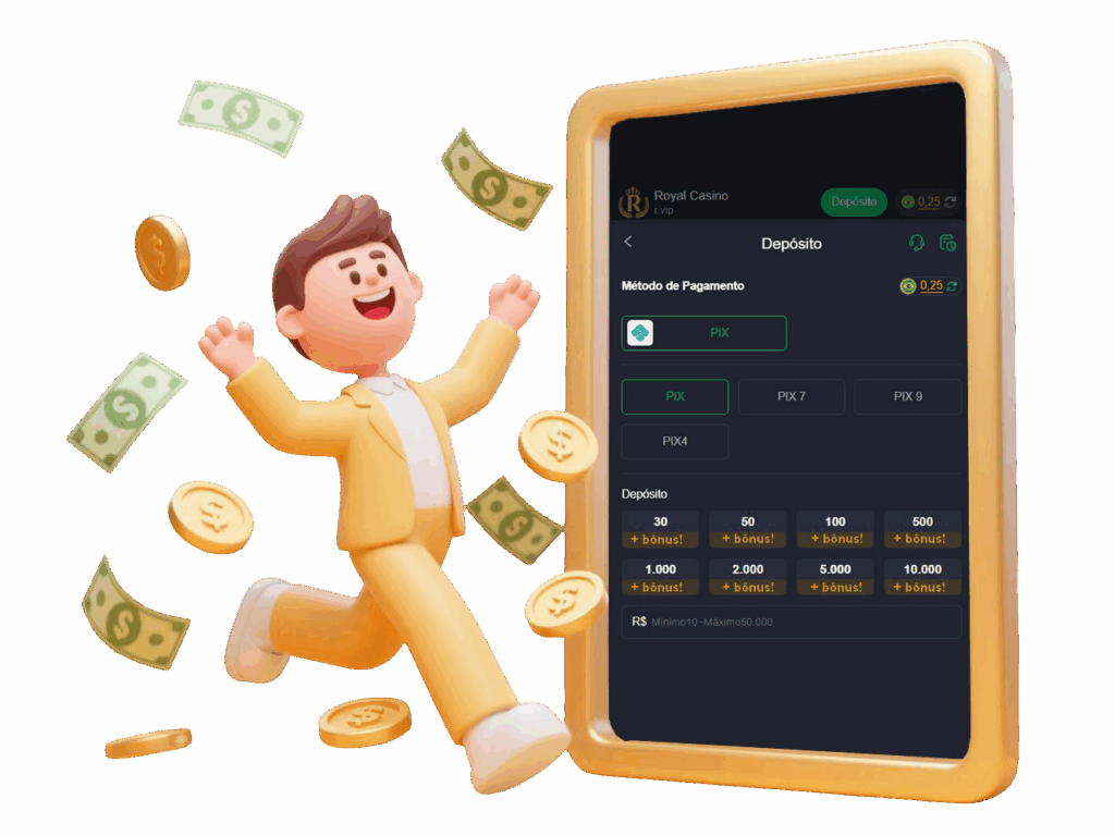 Personagem 3D animado ao lado de um celular que mostra a tela de depósito de um cassino online, com a opção de pagamento via PIX selecionada e os valores de bônus em destaque.