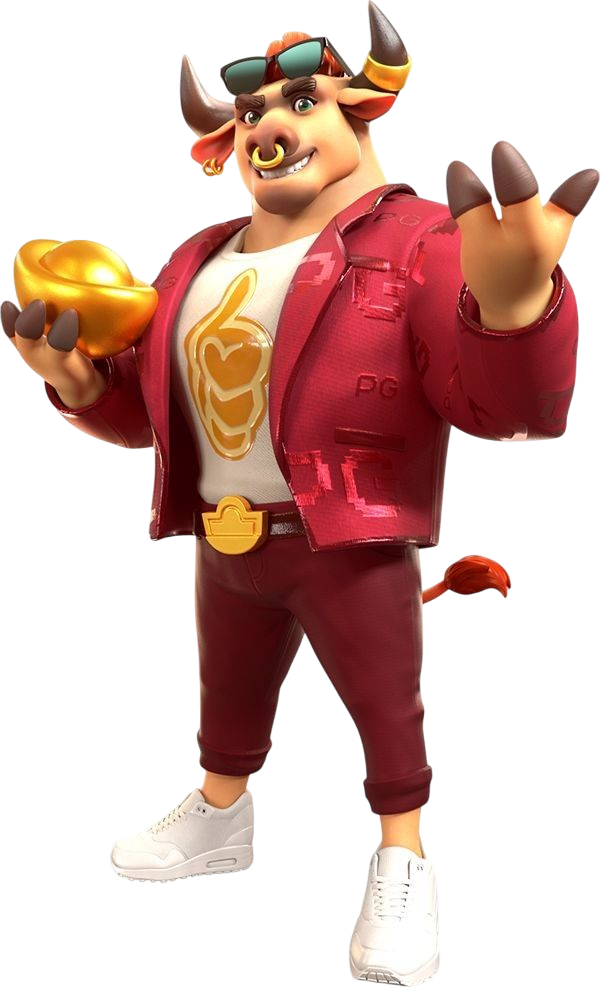 Mascote do Fortune Ox de corpo inteiro, um touro estiloso de jaqueta vermelha e óculos de sol, segurando um lingote de ouro e convidando o jogador a descobrir seu próprio melhor horário para jogar com responsabilidade