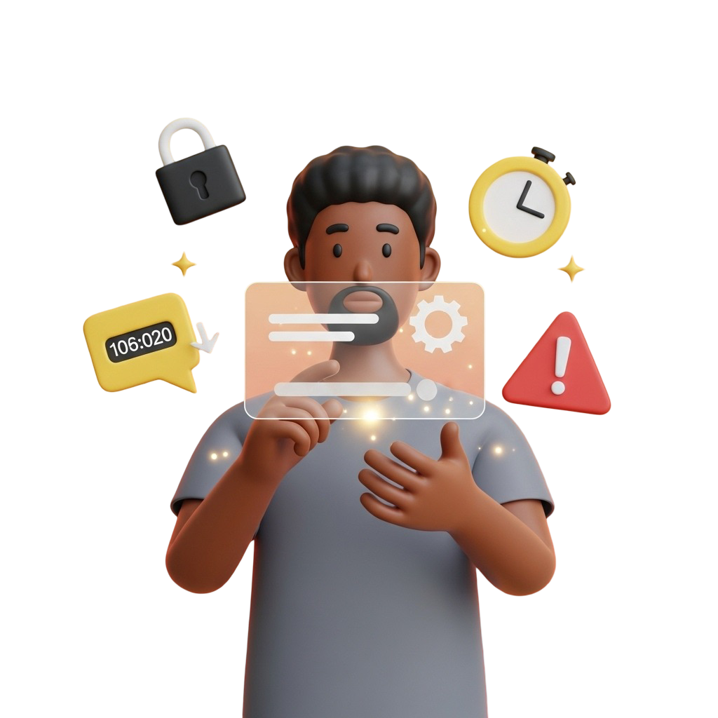 Homem negro utilizando uma interface digital para configurar ferramentas de jogo responsável, como limites de tempo e valores, indicado por ícones de cadeado, cronômetro e alerta.