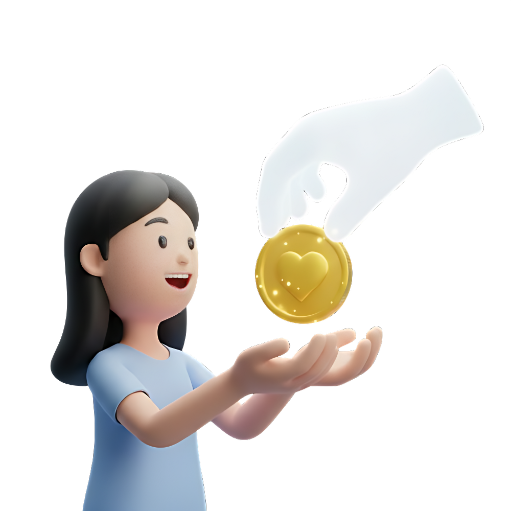 Uma mão estendida entregando uma moeda de ouro com um coração no centro para uma mulher sorridente, simbolizando o apoio e a ajuda do fundo de resgate para jogadores.