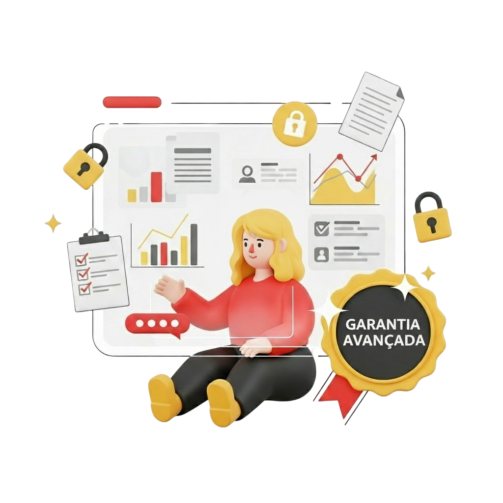 Mulher sentada em frente a uma interface com gráficos e checklists, com um selo de'Garantia Avançada' em destaque, ilustrando um sistema seguro para a resolução de disputas.