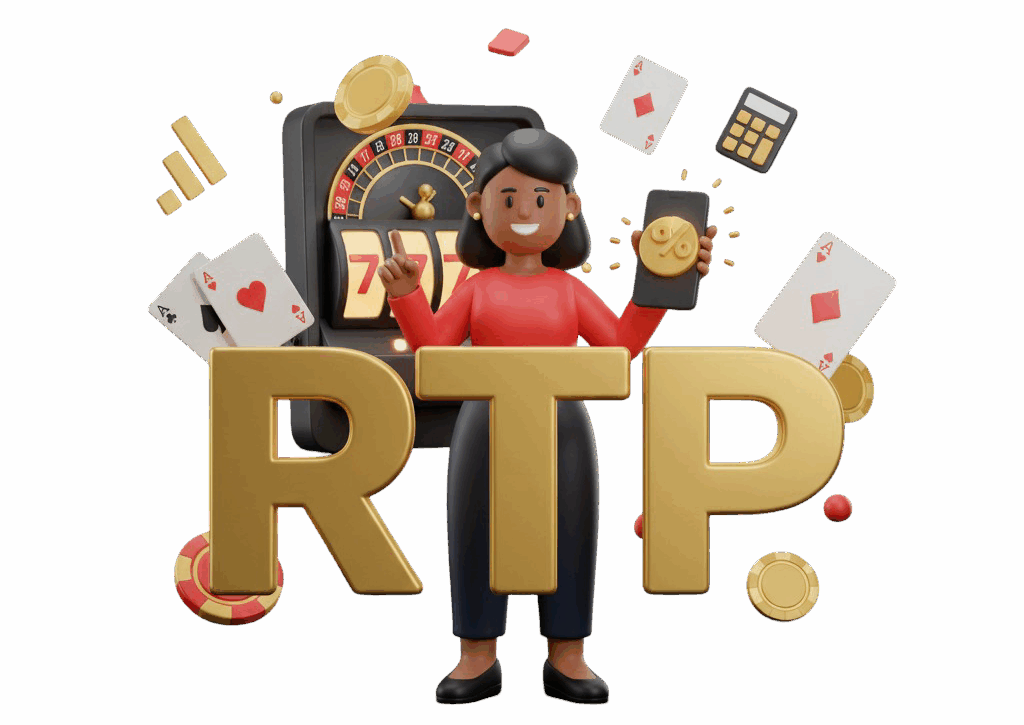 Ilustração 3D da sigla RTP em dourado, com mulher sorridente segurando smartphone exibindo gráfico de porcentagem, cercada por elementos de cassino como roleta, cartas e calculadora, em fundo vibrante vermelho, dourado e preto.