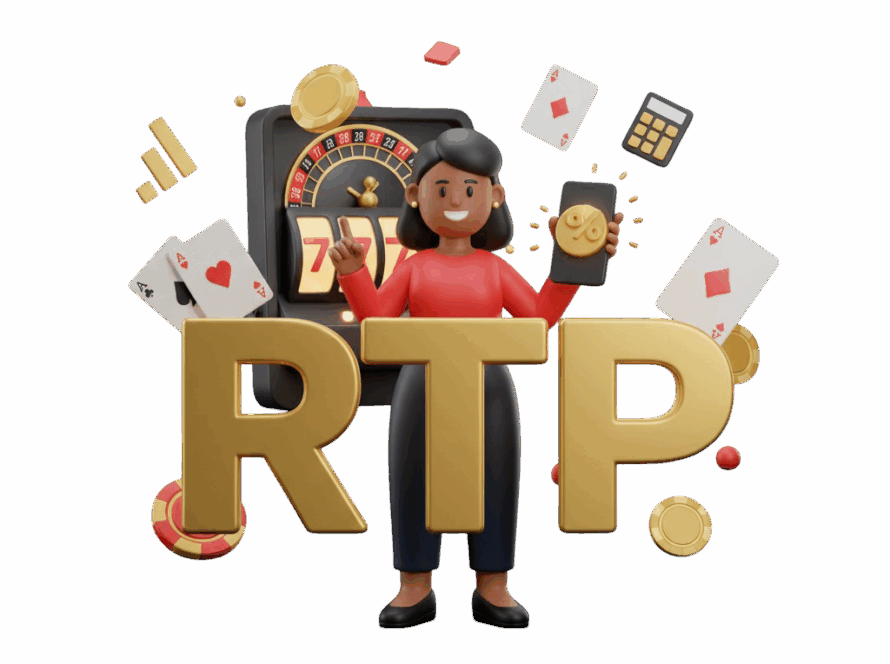 Ilustração 3D da sigla RTP em dourado, com mulher sorridente segurando smartphone exibindo gráfico de porcentagem, cercada por elementos de cassino como roleta, cartas e calculadora, em fundo vibrante vermelho, dourado e preto.