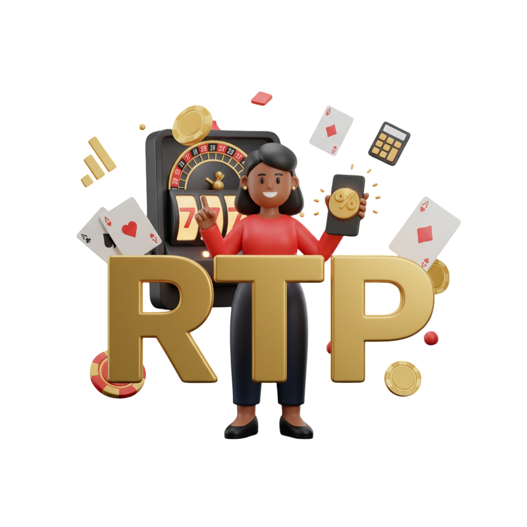 Ilustração 3D da sigla RTP em dourado, com mulher sorridente segurando smartphone exibindo gráfico de porcentagem, cercada por elementos de cassino como roleta, cartas e calculadora, em fundo vibrante vermelho, dourado e preto.