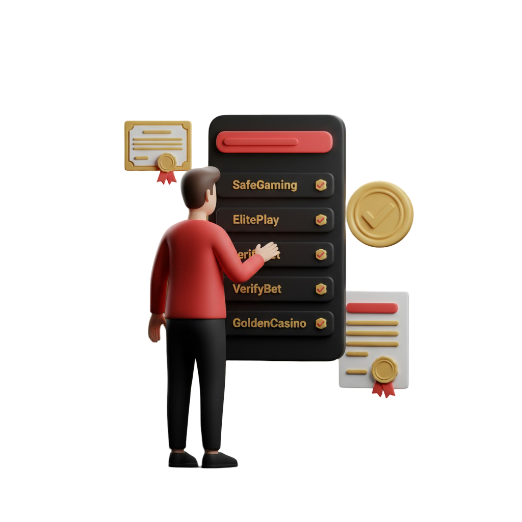 Ilustração 3D de um usuário selecionando uma plataforma de iGaming em uma lista de sites verificados ('SafeGaming','ElitePlay','VerifyBet') em um smartphone. A imagem, com certificados e moedas de validação, representa a importância de escolher cassinos e sites de apostas online licenciados e seguros.