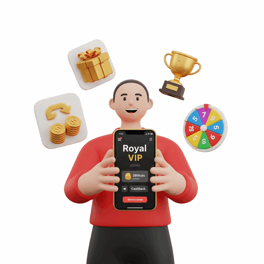 Homem de animação 3D mostrando a tela do aplicativo Royal VIP no celular, cercado por ícones flutuantes de bônus, troféus, presentes e uma roda da sorte.