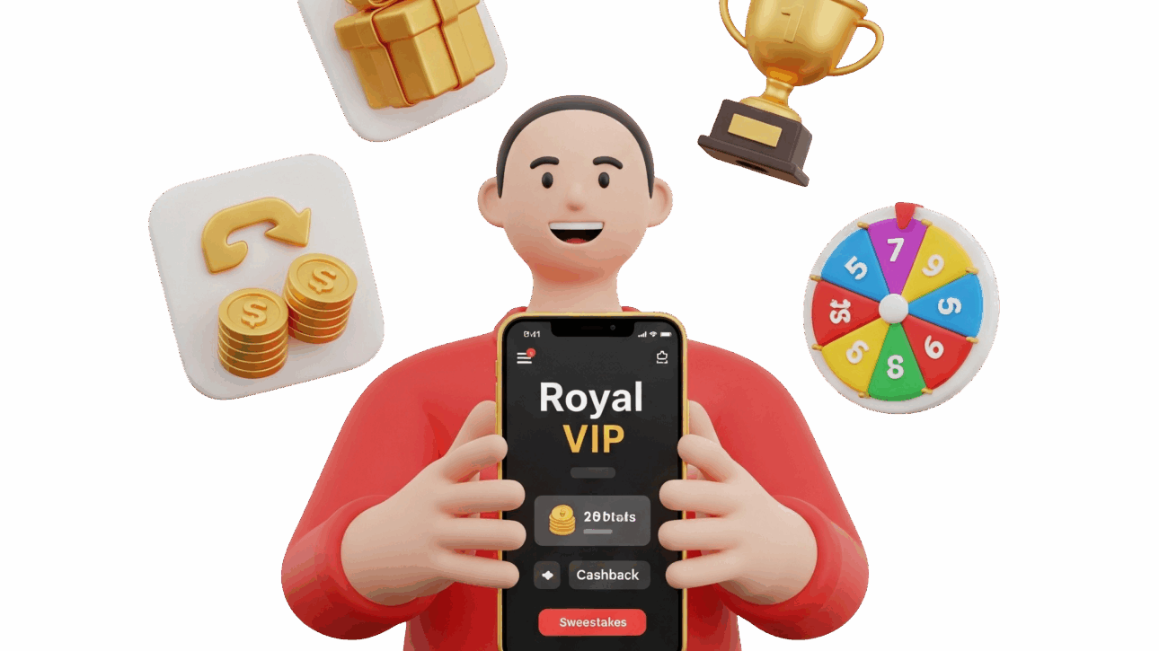 Homem de animação 3D mostrando a tela do aplicativo Royal VIP no celular, cercado por ícones flutuantes de bônus, troféus, presentes e uma roda da sorte.