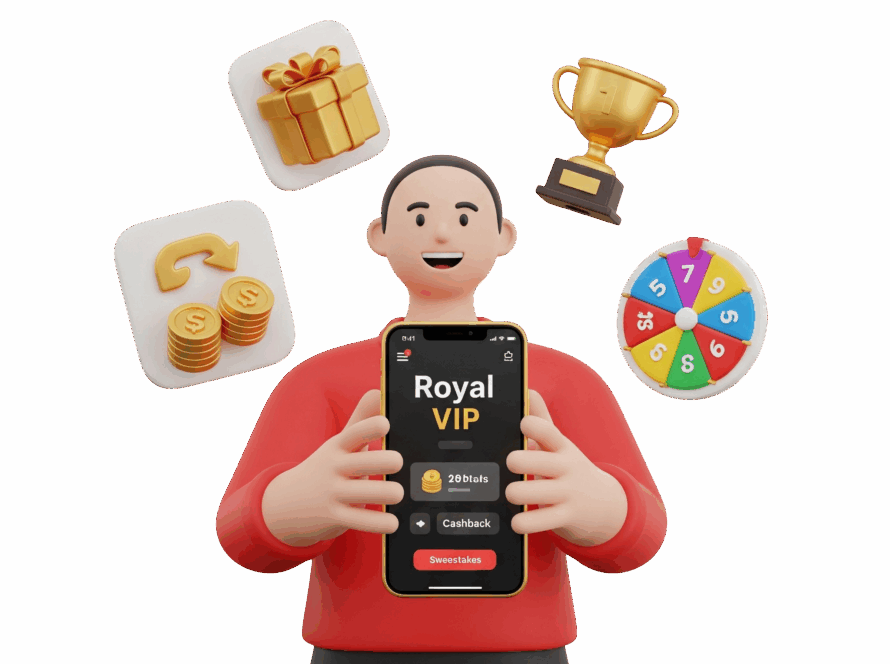 Homem de animação 3D mostrando a tela do aplicativo Royal VIP no celular, cercado por ícones flutuantes de bônus, troféus, presentes e uma roda da sorte.