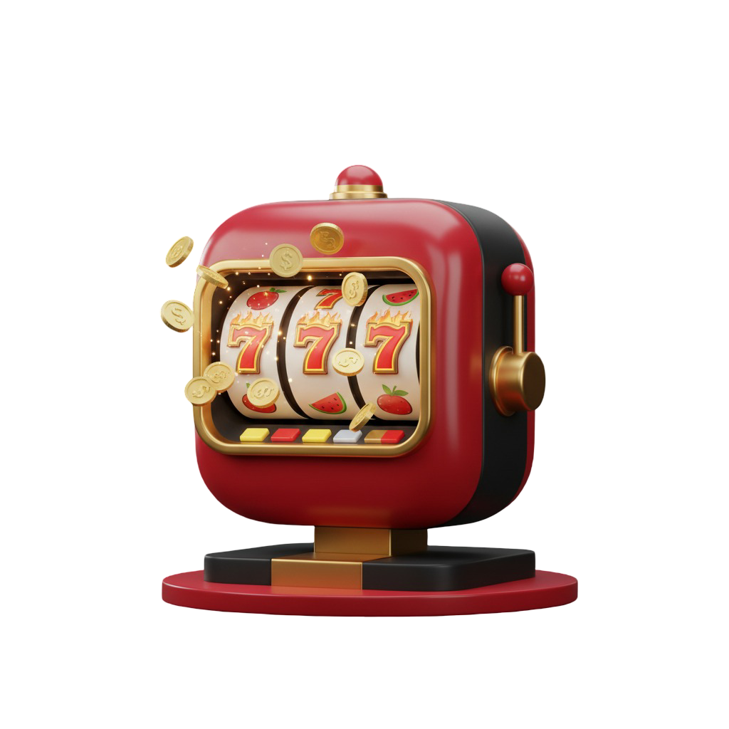 Ilustração 3D de uma máquina caça-níquel, também conhecida como slot, mostrando a combinação vencedora 777 nos rolos, com moedas de ouro saindo da máquina para simbolizar um grande prêmio.