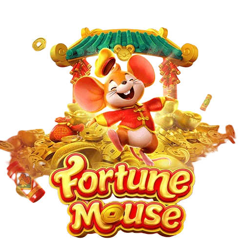 Mascote principal do jogo Fortune Mouse, um rato de desenho animado sorridente e com roupas chinesas, sobre uma pilha de moedas e tesouros de ouro, com o logo do jogo em destaque.