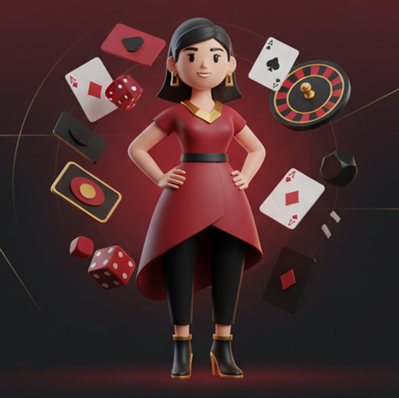 Ilustração 3D para newsletter de cassino, mostrando uma mulher sorridente segurando uma pilha de moedas de ouro ao lado de uma máquina caça-níquel com o resultado de jackpot 777, com moedas flutuando ao redor.