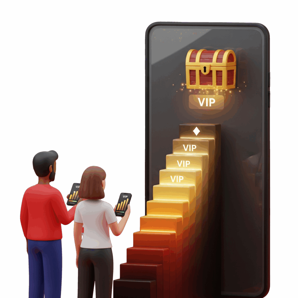 Casal de jogadores em 3D olhando para uma escada de níveis VIP brilhante dentro de um smartphone gigante, que leva a um baú de tesouro no topo, ilustrando a jornada de progressão no programa Royal VIP.