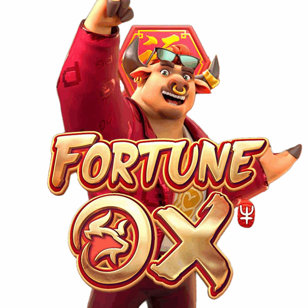 Mascote do jogo de slot Fortune Ox, um touro de desenho animado estiloso com óculos de sol e jaqueta vermelha, em frente ao logo oficial do jogo, também conhecido como'Jogo do Touro'