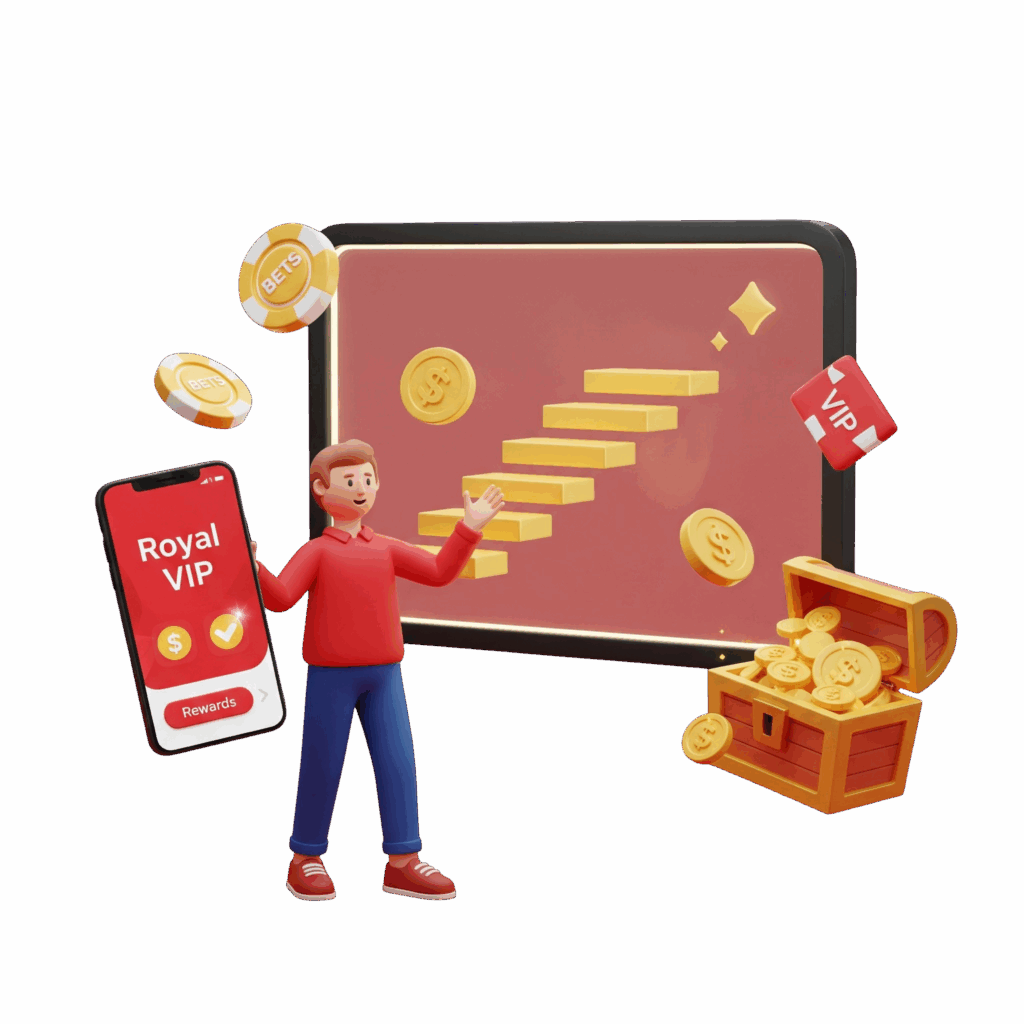 Homem de animação 3D explicando como funciona o programa VIP da Royal VIP, apontando para uma escada de níveis que leva a recompensas maiores, com um baú de tesouro simbolizando os prêmios.