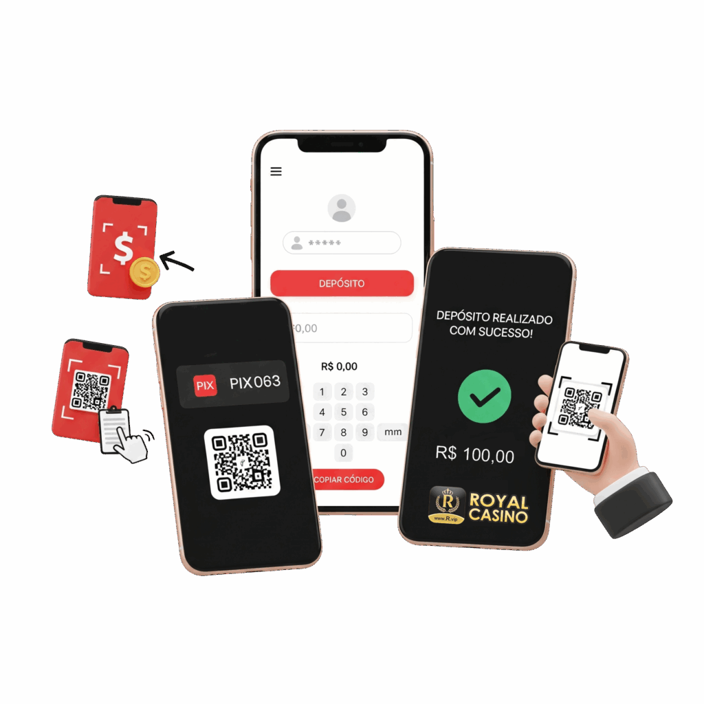 Ilustração do processo de depósito via PIX na Royal VIP, mostrando um celular com a tela para inserir o valor, outro exibindo o QR Code e um terceiro confirmando o pagamento.