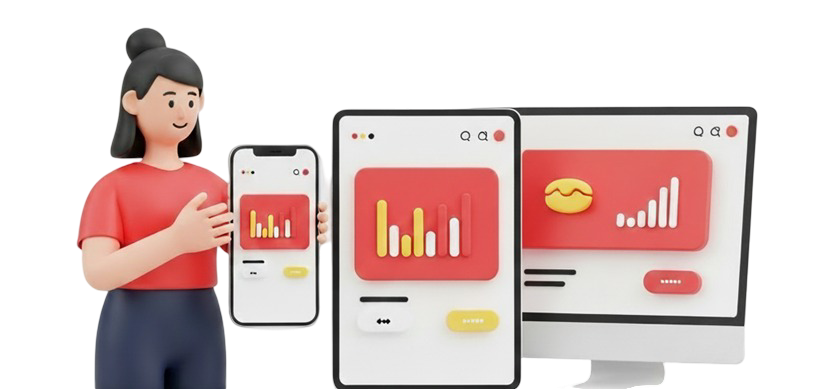 Personagem feminina apresentando a interface de um site em um celular, tablet e monitor de computador, demonstrando a navegação rápida e a experiência otimizada em todos os dispositivos.