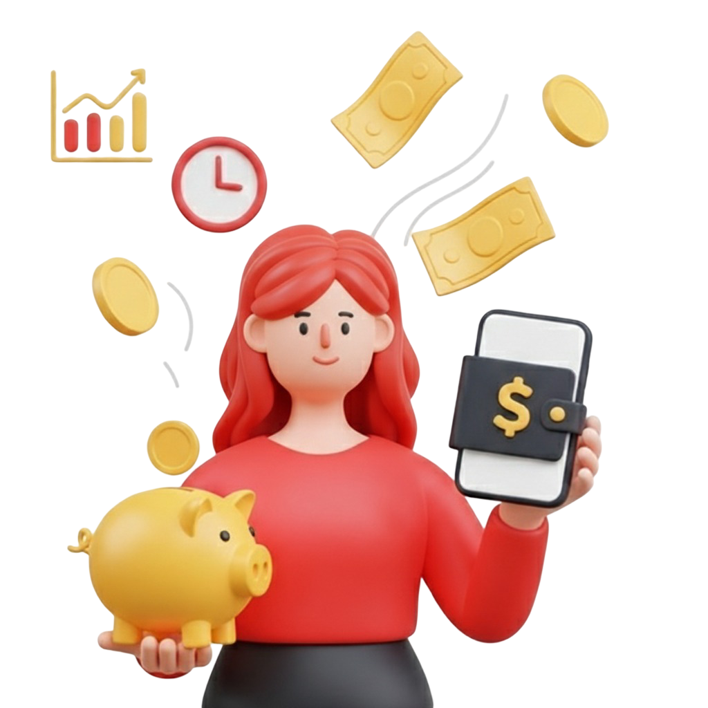 Mulher segurando um cofre em formato de porco e um celular com uma carteira digital, cercada por ícones de dinheiro, tempo e um gráfico de crescimento, ilustrando o conceito de poupança e rendimentos.
