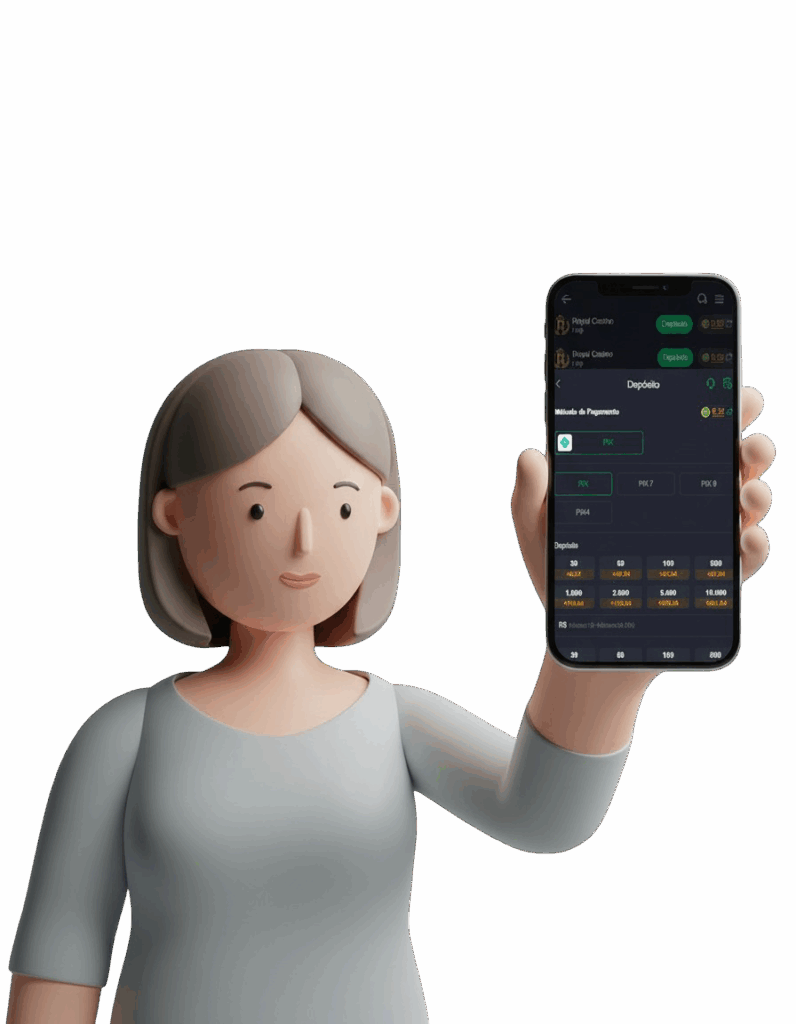 Personagem de animação 3D feminina segurando um smartphone que exibe a interface da carteira digital da Royal VIP, ilustrando a consulta de prazos e problemas comuns de saque.