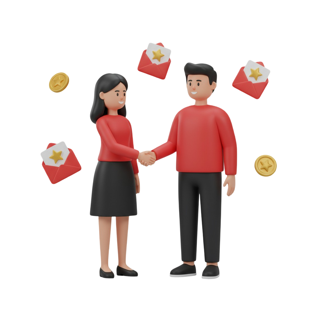 Um homem e uma mulher de animação 3D apertando as mãos em um acordo bem-sucedido, ilustrando o programa de indicação e recompensas por convidar amigos da Royal VIP.