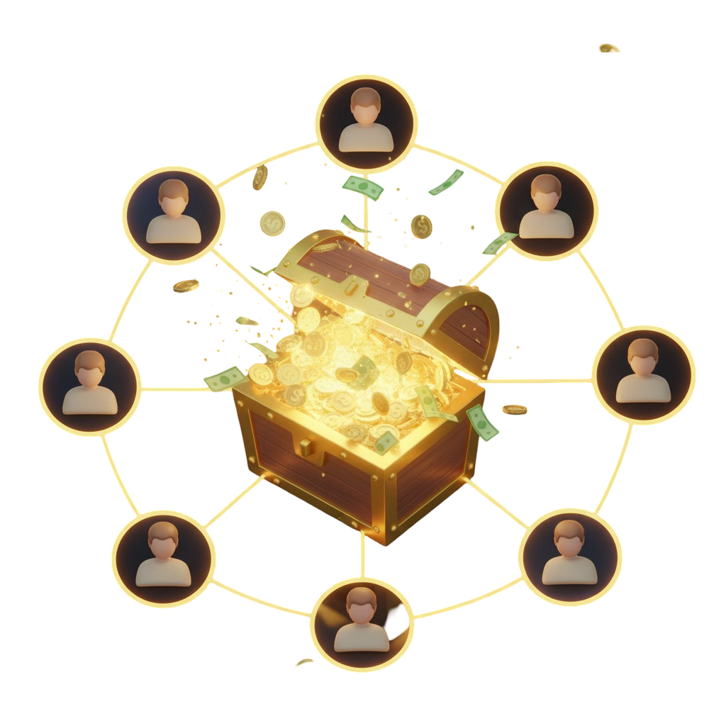 Um baú do tesouro cheio de ouro no centro de uma rede de avatares conectados, representando o programa de indicação onde os usuários ganham recompensas ao convidar amigos.